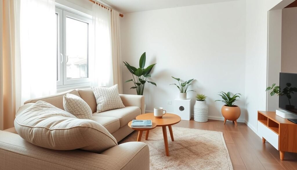 A cozy small apartment living room designed with a soothing color scheme featuring soft shades of beige, pale blue, and warm white. In the foreground, a plush, neutral-toned sofa adorned with textured pillows invites relaxation, surrounded by a small wooden coffee table with a steaming mug and a few design books. The middle layer showcases a tasteful area rug that adds warmth and ties the space together, complemented by lush green plants in stylish pots. The background highlights a bright, airy window allowing soft sunlight to bathe the room in natural light, creating a cheerful atmosphere. The scene is captured with a wide-angle lens from a slightly elevated angle, emphasizing the openness and inviting nature of the space while maintaining a sense of comfort and tranquility. A cozy small apartment living room designed with a soothing color scheme featuring soft shades of beige, pale blue, and warm white. In the foreground, a plush, neutral-toned sofa adorned with textured pillows invites relaxation, surrounded by a small wooden coffee table with a steaming mug and a few design books. The middle layer showcases a tasteful area rug that adds warmth and ties the space together, complemented by lush green plants in stylish pots. The background highlights a bright, airy window allowing soft sunlight to bathe the room in natural light, creating a cheerful atmosphere. The scene is captured with a wide-angle lens from a slightly elevated angle, emphasizing the openness and inviting nature of the space while maintaining a sense of comfort and tranquility.