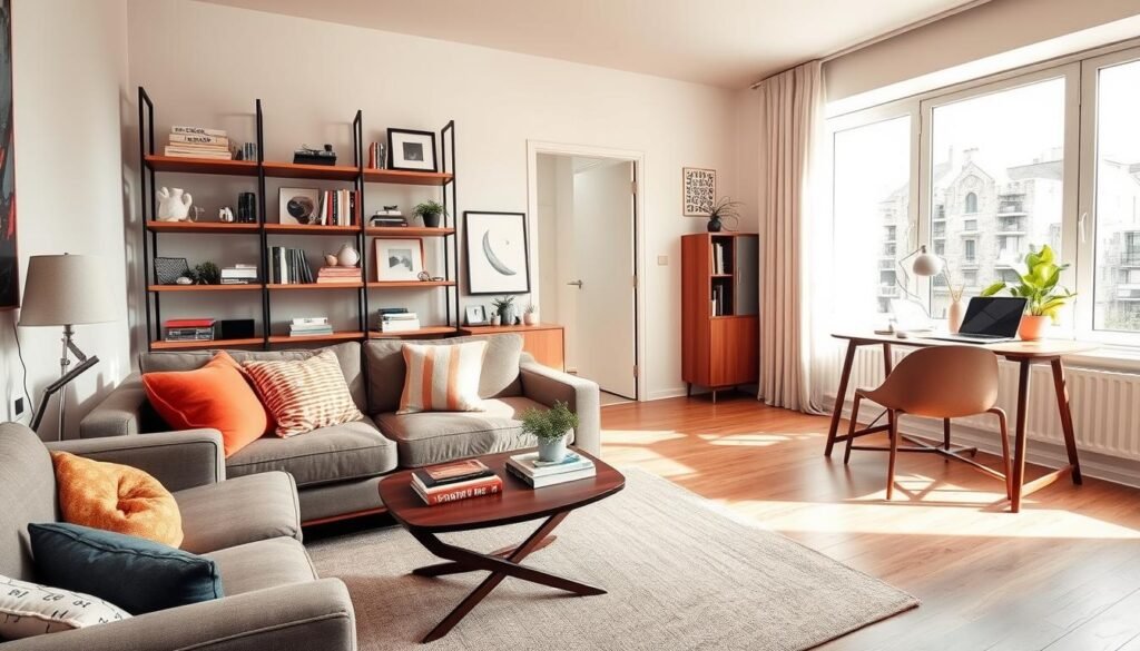 A cozy small apartment living room featuring smart, stylish solutions for maximizing space. In the foreground, include a compact sofa adorned with colorful cushions, a stylish coffee table with a few decorative books and a plant. The middle ground showcases a multifunctional shelf unit, displaying books and small art pieces, alongside a compact work desk with a laptop and a potted plant. In the background, a bright window allows soft, natural sunlight to illuminate the room, highlighting warm wood tones and light neutral walls. The atmosphere feels inviting and relaxed, emphasizing a sense of openness and airiness, with decor reflecting a balance of style and practicality. Use a wide-angle lens perspective to capture the entire space beautifully.