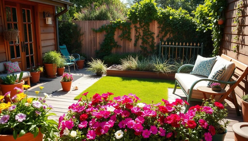 A cozy small backyard landscape featuring a charming wooden deck adorned with potted plants and comfortable seating. In the foreground, a neatly arranged flower bed bursts with colorful blossoms, creating an inviting and vibrant atmosphere. The middle ground showcases a small, lush green lawn bordered by ornamental grasses and neatly trimmed hedges, enhancing the sense of space. In the background, a quaint fence adorned with climbing vines provides privacy while letting in soft, dappled sunlight. The scene is bathed in bright, natural light, creating warm reflections off the wooden surfaces. The overall mood is serene and welcoming, perfect for outdoor relaxation. Capture the image from a slightly elevated angle, emphasizing the layout and intimate feel of this small backyard oasis.