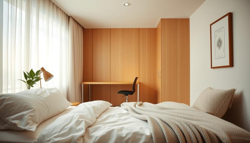 A cozy small bedroom design featuring a stylish yet minimalist layout. The foreground includes a neatly made bed with fluffy white linens and a textured throw blanket. To the side, a compact bedside table holds a small plant and a reading lamp. In the middle ground, a functional workspace with a simple desk and ergonomic chair complements the space without overcrowding it. The background showcases soft, bright natural light filtering through sheer curtains, illuminating warm wooden panels and light pastel wall colors. The room exudes a serene atmosphere, perfect for relaxation. Angle the shot to capture the room's depth, showcasing the harmonious blend of comfort and practicality, with emphasis on creating a restful and inviting space.