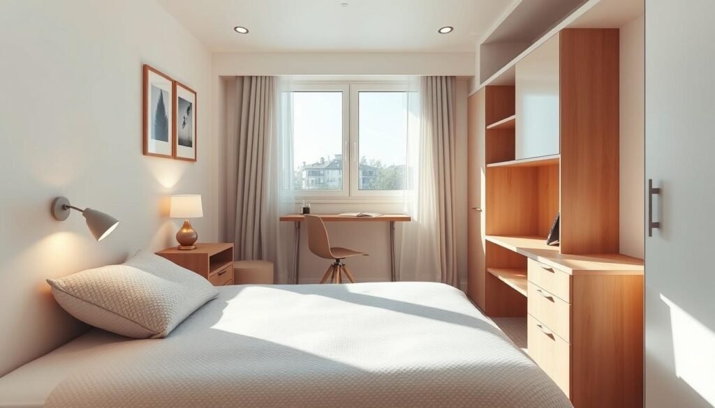 A cozy small bedroom designed for maximizing space with smart choices. In the foreground, a neatly made twin bed with a soft, patterned duvet and a plush throw pillow. Adjoining, a compact nightstand holds a small lamp casting a warm glow. In the middle ground, a stylish, wall-mounted desk with a minimalist chair creates an efficient workspace. Behind, soft pastel walls adorned with tasteful artwork add character without overwhelming the space. Large windows allow bright, natural light to fill the room, with delicate sheer curtains fluttering gently. The atmosphere is airy and inviting, perfect for relaxation, showcasing clever storage solutions integrated into furniture. Capture this scene from a slightly elevated angle, emphasizing the harmonious layout and thoughtful décor in soft sunlight. A cozy small bedroom designed for maximizing space with smart choices. In the foreground, a neatly made twin bed with a soft, patterned duvet and a plush throw pillow. Adjoining, a compact nightstand holds a small lamp casting a warm glow. In the middle ground, a stylish, wall-mounted desk with a minimalist chair creates an efficient workspace. Behind, soft pastel walls adorned with tasteful artwork add character without overwhelming the space. Large windows allow bright, natural light to fill the room, with delicate sheer curtains fluttering gently. The atmosphere is airy and inviting, perfect for relaxation, showcasing clever storage solutions integrated into furniture. Capture this scene from a slightly elevated angle, emphasizing the harmonious layout and thoughtful décor in soft sunlight.