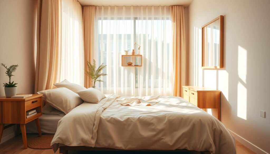 A cozy small bedroom designed with warmth and brightness in mind. The foreground features a neatly made bed with soft, light-colored bedding and an array of plush pillows. A stylish wooden nightstand holds a small plant and a book, adding a touch of greenery. In the middle, a tasteful area rug complements the light hardwood floor, while a wall-mounted shelf showcases decorative items. The background is adorned with soft, sheer curtains that filter warm, natural sunlight, creating an airy atmosphere. The walls are painted in soft neutral tones, enhancing the sense of space. A large mirror reflects the light, making the room feel even more open. The overall mood is inviting and peaceful, with a gentle focus on comfort and functionality, captured in warm, bright daylight.