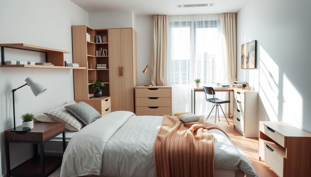 A cozy small bedroom featuring smart storage solutions, showcasing stylish shelving units and multifunctional furniture. In the foreground, a neatly made bed with a warm, textured blanket and decorative pillows, accented by a compact nightstand holding a lamp and a potted plant. In the middle, a minimalist dresser and an innovative storage bench at the foot of the bed, blending seamlessly with the room's aesthetic. Soft sunlight filters through sheer curtains, casting gentle shadows on light-colored walls. The background reveals a small desk with organized drawers, creating a tranquil workspace. Captured from a slight angle, the atmosphere is inviting and airy, evoking a sense of perfect organization and comfort, ideal for small living spaces.