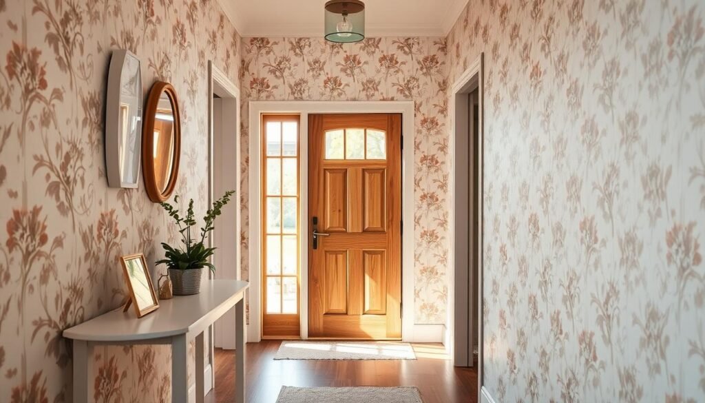 A cozy small entryway featuring beautifully patterned wallpaper that adds visual interest, showcasing a blend of soft pastel colors and intricate floral designs. The foreground includes a minimalist console table with a few decorative items, such as a potted plant and a small mirror. In the middle, the wallpaper captures the eye, enhancing the warmth of the space with subtle texture. The background reveals a welcoming wooden door and a glimpse of natural light streaming in through a nearby window, creating a serene atmosphere. The scene is illuminated by soft sunlight, emphasizing the airy feeling of the entryway. Shot from a slight angle, the image invites a closer look at the harmonious design elements. A cozy small entryway featuring beautifully patterned wallpaper that adds visual interest, showcasing a blend of soft pastel colors and intricate floral designs. The foreground includes a minimalist console table with a few decorative items, such as a potted plant and a small mirror. In the middle, the wallpaper captures the eye, enhancing the warmth of the space with subtle texture. The background reveals a welcoming wooden door and a glimpse of natural light streaming in through a nearby window, creating a serene atmosphere. The scene is illuminated by soft sunlight, emphasizing the airy feeling of the entryway. Shot from a slight angle, the image invites a closer look at the harmonious design elements.