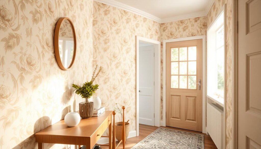 A cozy small entryway featuring stylish wallpaper ideas that exude warmth and natural light. In the foreground, a stylish console table with decorative items and a small potted plant complements the wallpaper’s intricate floral design. The middle ground highlights the textured wallpaper, showcasing soft pastel colors that enhance the feeling of openness and lightness. The background includes a bright window bathing the space in warm, soft sunlight, revealing a hint of green foliage outside. Ensure the atmosphere is inviting and serene, using a wide-angle lens to capture the entirety of this charming entryway, emphasizing airy and well-lit elements. The mood should feel welcoming and refreshing, perfect for transforming a small space into a bright focal point.
