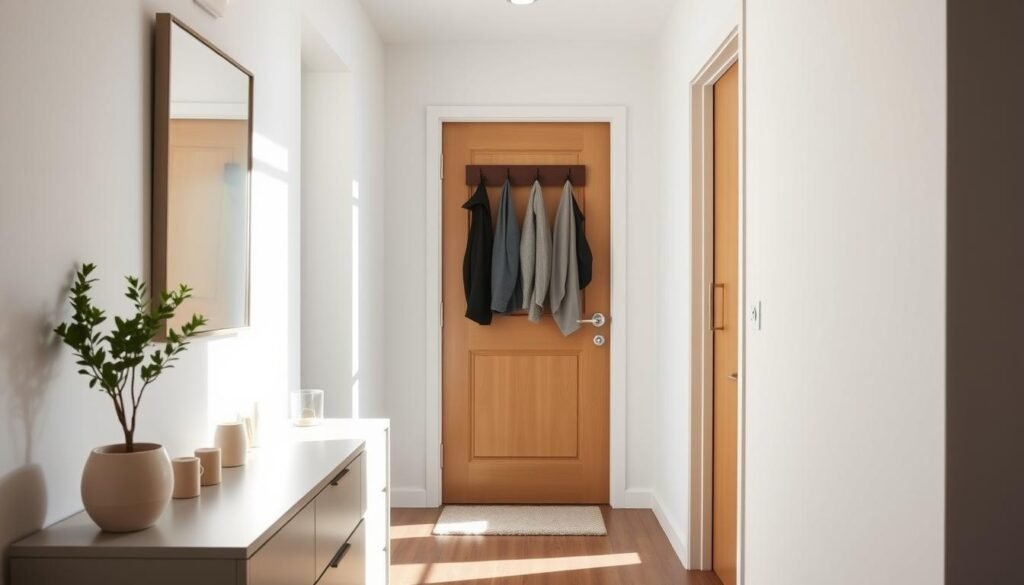 A cozy small entryway in a modern condo, featuring a minimalist design that maximizes space. The foreground includes a sleek console table with a small potted plant and stylish decorative items. In the middle, a wall-mounted coat rack showcases neatly hung jackets and a couple of umbrellas, while a mirror above the table reflects the light. The background features a warm and inviting door with a small welcome mat at its base. Soft sunlight streams through a nearby window, casting gentle shadows and enhancing the airy feel. The overall atmosphere is bright, open, and welcoming, perfect for creating an inviting first impression in a compact space. The image captures a well-organized, clutter-free entryway that embodies thoughtful design. A cozy small entryway in a modern condo, featuring a minimalist design that maximizes space. The foreground includes a sleek console table with a small potted plant and stylish decorative items. In the middle, a wall-mounted coat rack showcases neatly hung jackets and a couple of umbrellas, while a mirror above the table reflects the light. The background features a warm and inviting door with a small welcome mat at its base. Soft sunlight streams through a nearby window, casting gentle shadows and enhancing the airy feel. The overall atmosphere is bright, open, and welcoming, perfect for creating an inviting first impression in a compact space. The image captures a well-organized, clutter-free entryway that embodies thoughtful design.