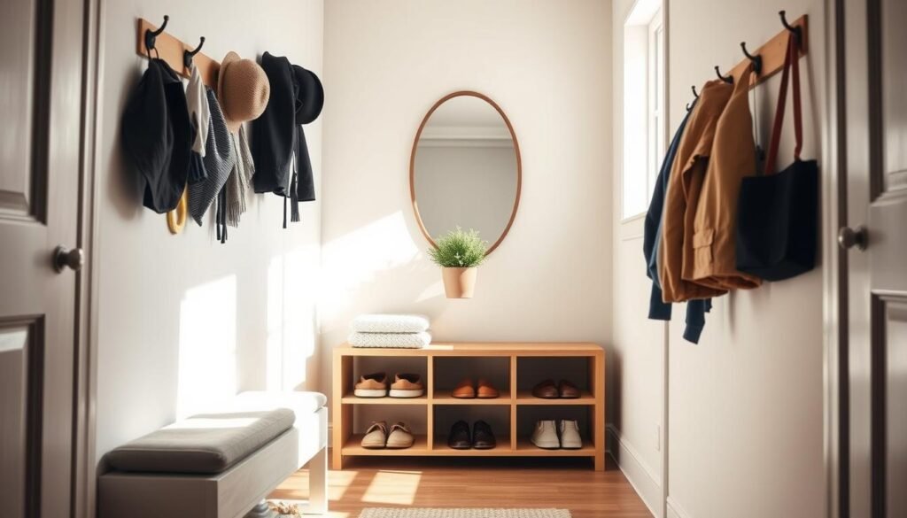 A cozy, small entryway showcasing innovative space-saving ideas for compact homes. In the foreground, a sleek shoe storage bench with cushion seating and a minimalist design, complemented by stylish hooks on the wall holding hats and jackets. The middle ground features a narrow console table adorned with a small potted plant and a decorative mirror, creating an illusion of space. The background displays a bright, airy atmosphere with soft natural sunlight streaming through a window, casting gentle shadows. Use a wide-angle lens to capture the depth of the space, emphasizing the thoughtful organization and warmth of the entryway. The overall mood exudes comfort and welcoming charm, perfect for making a great first impression.