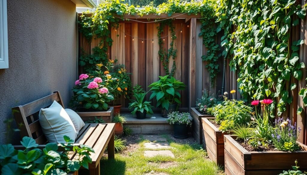 A cozy small garden retreat nestled in a corner of a backyard, featuring lush greenery, colorful flowering plants, and neatly arranged herbs in raised planters. The foreground includes a quaint wooden bench adorned with soft cushions, inviting relaxation. In the middle, delicate fairy lights drape over a trellis, creating a warm and inviting atmosphere. The background showcases a rustic wooden fence covered in climbing vines, filtering soft sunlight that casts gentle shadows. The scene is bright and airy, accentuated by the natural light illuminating the vibrant colors of the plants. The overall mood is tranquil and serene, perfect for a private outdoor escape. Capture this peaceful vibe at a slightly elevated angle for depth, enhancing the sense of an intimate corner retreat.