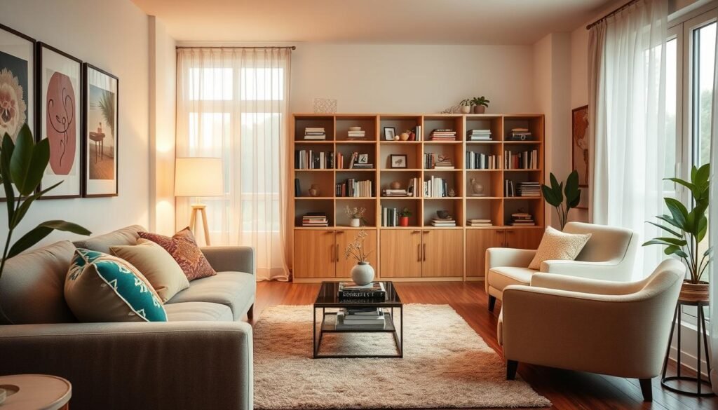 A cozy small living room designed for comfort and style, showcasing various decor ideas. In the foreground, a plush sofa with colorful throw pillows and a soft area rug. In the middle, a stylish coffee table adorned with decorative books and a small potted plant. To the side, a comfortable armchair next to a floor lamp illuminating the space. In the background, a beautifully arranged bookshelf filled with books and decorative pieces, and large windows letting in bright, soft natural sunlight. The atmosphere is inviting and airy, emphasizing the warmth and tranquility of the space. The angle is slightly elevated, providing a clear view of the entire room bathed in warm hues, highlighting the potential for an improved living experience. A cozy small living room designed for comfort and style, showcasing various decor ideas. In the foreground, a plush sofa with colorful throw pillows and a soft area rug. In the middle, a stylish coffee table adorned with decorative books and a small potted plant. To the side, a comfortable armchair next to a floor lamp illuminating the space. In the background, a beautifully arranged bookshelf filled with books and decorative pieces, and large windows letting in bright, soft natural sunlight. The atmosphere is inviting and airy, emphasizing the warmth and tranquility of the space. The angle is slightly elevated, providing a clear view of the entire room bathed in warm hues, highlighting the potential for an improved living experience.