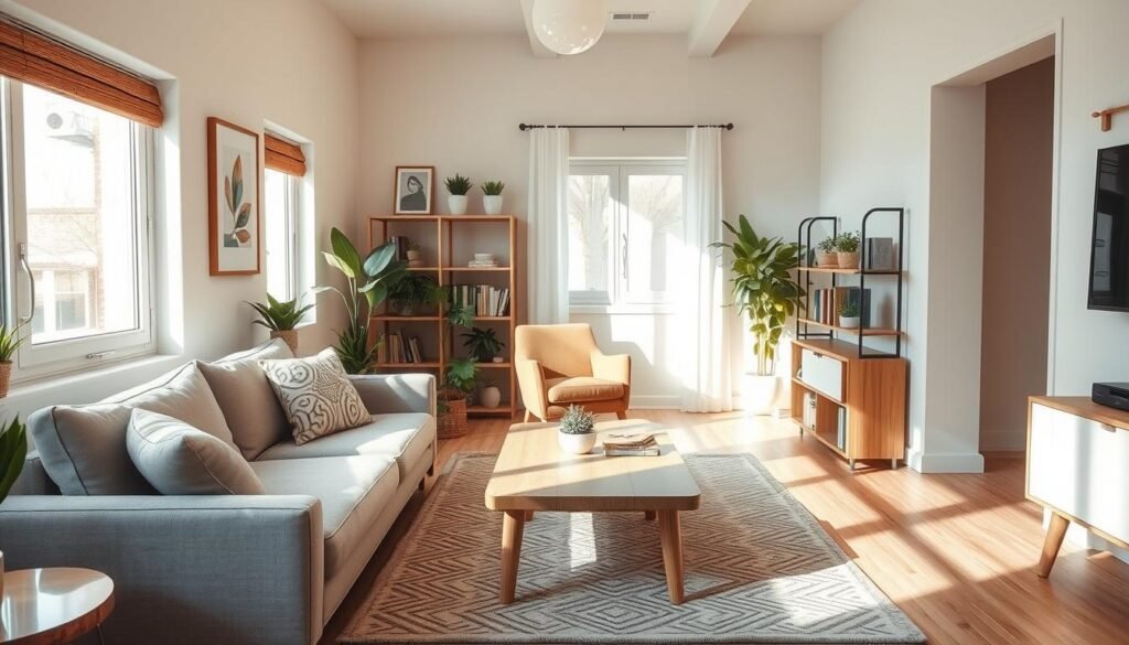 A cozy small living room featuring a smart furniture arrangement that promotes better flow and comfort. In the foreground, a plush sofa in soft gray is paired with a modern coffee table made of light wood, neatly arranged. The middle layer showcases an inviting armchair positioned for optimal conversation, with a stylish rug beneath. Natural light streams through large windows, highlighting the warm tones of the decor, which includes potted plants and framed artwork on the walls. The background contains a well-organized bookshelf and minimalist shelving, enhancing the sense of space. The atmosphere is airy and bright, with soft sunlight casting gentle shadows, creating a welcoming vibe that invites relaxation and engagement. A cozy small living room featuring a smart furniture arrangement that promotes better flow and comfort. In the foreground, a plush sofa in soft gray is paired with a modern coffee table made of light wood, neatly arranged. The middle layer showcases an inviting armchair positioned for optimal conversation, with a stylish rug beneath. Natural light streams through large windows, highlighting the warm tones of the decor, which includes potted plants and framed artwork on the walls. The background contains a well-organized bookshelf and minimalist shelving, enhancing the sense of space. The atmosphere is airy and bright, with soft sunlight casting gentle shadows, creating a welcoming vibe that invites relaxation and engagement.