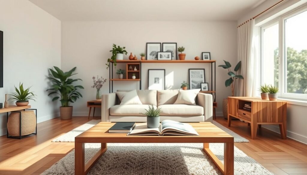 A cozy small living room featuring elegant wood styling elements that enhance the sense of space. In the foreground, a minimalist wooden coffee table with a natural finish, adorned with a small potted plant and an open book. The middle ground showcases a stylish wooden shelf filled with neatly arranged decor items, plants, and framed photographs, all contributing to a warm and inviting atmosphere. The background is highlighted by a large window allowing bright, natural sunlight to flood the room, creating soft shadows and an airy feel. The walls are painted in soft, neutral tones, and a plush area rug adds texture to the hardwood floor, enhancing the calm mood of the space. The overall lighting is bright yet soft, accentuating the wood tones and creating a serene environment.