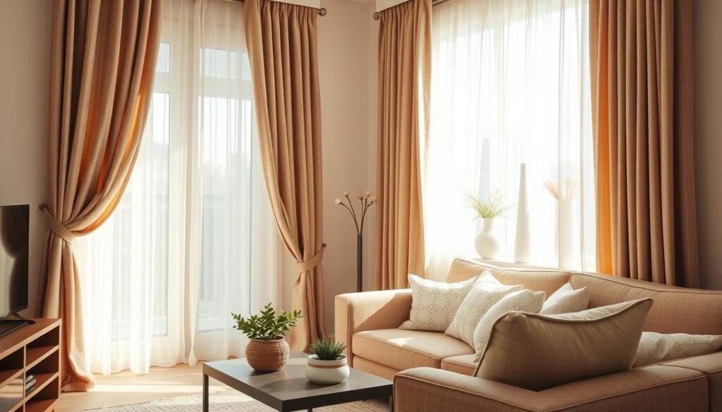 A cozy small living room featuring layered window dressings that exude comfort. In the foreground, rich, textured curtains drape elegantly down, harmonizing with sheer panels that allow soft sunlight to filter through, casting a warm glow. The middle ground showcases a tasteful coffee table adorned with a few green plants and inviting cushions on the sofa, creating an inviting seating area. In the background, light walls and subtle decorative elements enhance the feeling of space while maintaining an airy atmosphere. The scene is captured in bright, natural lighting, emphasizing the textiles' textures and colors. The overall mood is serene and welcoming, perfect for enhancing comfort in a small living room setting. A cozy small living room featuring layered window dressings that exude comfort. In the foreground, rich, textured curtains drape elegantly down, harmonizing with sheer panels that allow soft sunlight to filter through, casting a warm glow. The middle ground showcases a tasteful coffee table adorned with a few green plants and inviting cushions on the sofa, creating an inviting seating area. In the background, light walls and subtle decorative elements enhance the feeling of space while maintaining an airy atmosphere. The scene is captured in bright, natural lighting, emphasizing the textiles' textures and colors. The overall mood is serene and welcoming, perfect for enhancing comfort in a small living room setting.