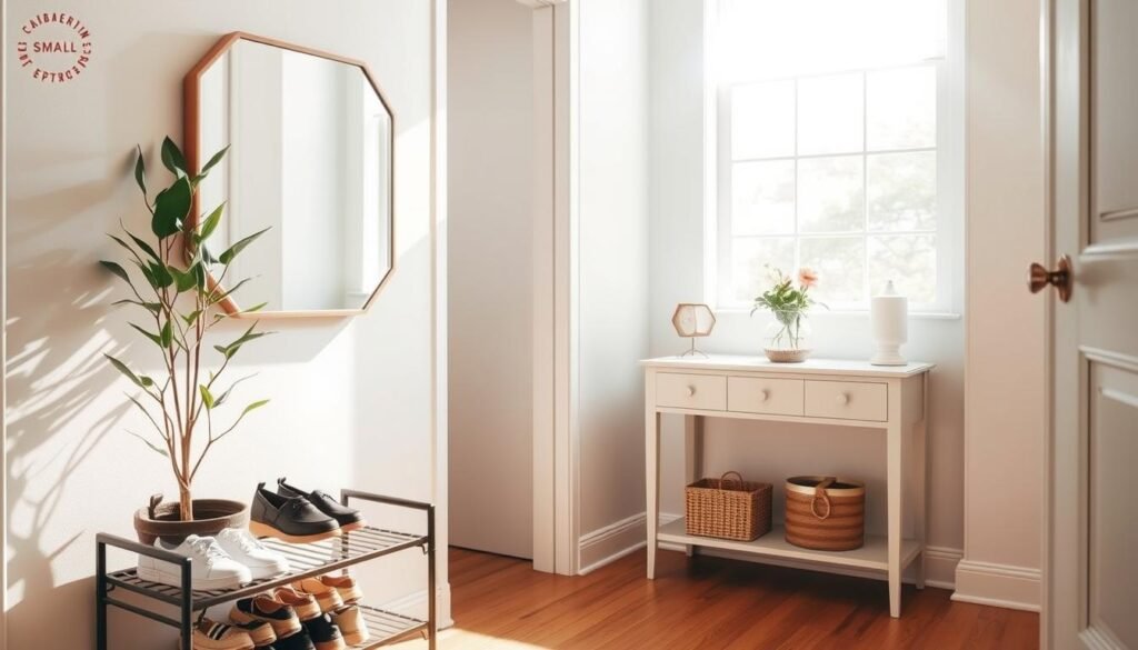 A cozy small space entryway featuring a stylish wall-mounted mirror with a sleek frame, reflecting light and adding depth. In the foreground, a practical shoe rack with neatly arranged shoes sits beside a small potted plant, bringing a touch of greenery. The middle ground showcases a charming console table with minimalistic decor elements like a decorative bowl and fresh flowers. The background features light-colored walls, enhancing the airy feel, bathed in bright natural light pouring in through a nearby window. Soft sunlight highlights the textures of the wooden floor, creating a warm, inviting atmosphere. The scene conveys a sense of balance and completeness, ideal for small-space living.