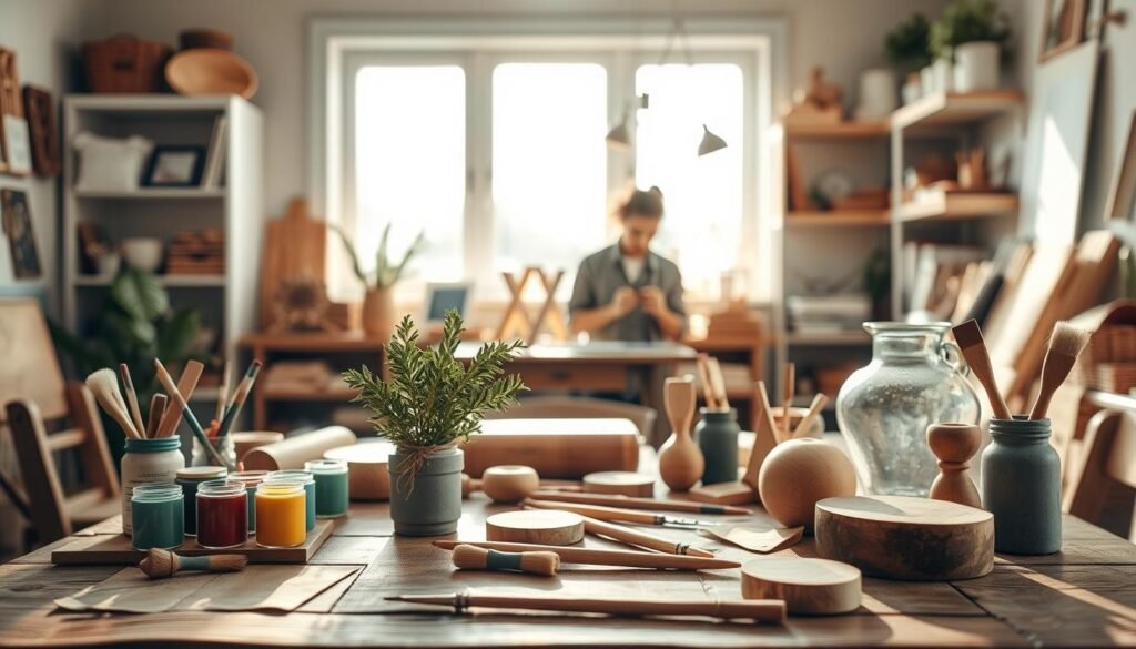A cozy, sunlit DIY workspace featuring a rustic wooden table adorned with an array of relaxing home project materials, including paints, brushes, and handcrafted wooden items. In the foreground, soft tools like a small potted plant and a freshly painted vase add a touch of nature and creativity. The middle background shows a person in casual attire, deeply focused on a simple wood crafting project, embodying calm and concentration. Bright, natural light streams in through a large window, casting gentle shadows and creating an airy atmosphere. The background features softly blurred shelves with neatly organized craft supplies and finished projects, enhancing the sense of tranquility and productivity. The overall mood is serene and inviting, emphasizing a stress-free and engaging DIY experience.