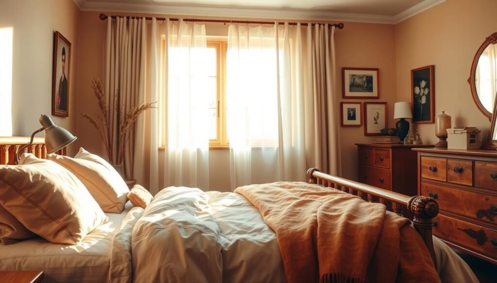 A cozy, warmly lit bedroom featuring soft golden accents. In the foreground, a plush, inviting bed with layered bedding in neutral tones and decorative pillows, complemented by a wooden nightstand with a vintage lamp casting a gentle glow. In the middle, a large window adorned with sheer curtains allows soft sunlight to filter through, creating an airy atmosphere. The background showcases tastefully arranged wall art and a warm wooden dresser, enhancing the inviting feel. The lighting is soft and diffused, highlighting the natural textures of the wood and fabric. The scene is captured with a slight angle from the corner, emphasizing depth and warmth, evoking a sense of comfort and relaxation in a well-styled space.