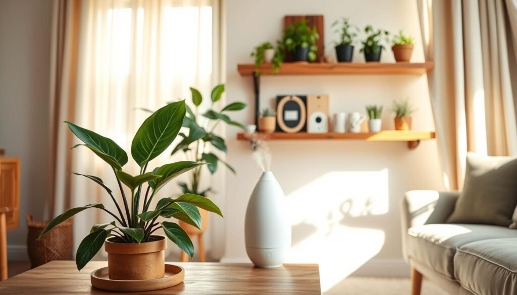 A cozy, well-furnished living room featuring various DIY air quality solutions. In the foreground, a stylish air purifying plant arrangement, including a Snake Plant and a Peace Lily, neatly placed on a wooden coffee table. In the middle, an artisanal wooden shelf displays homemade air filters made from natural materials, with a small, elegant DIY humidifier creating a gentle mist. The background showcases a large window with sheer curtains, allowing bright, soft sunlight to fill the room, casting warm, inviting shadows. The space is airy and well-lit, emphasizing a serene atmosphere. A touch of greenery, such as potted herbs on a windowsill, enhances the freshness of the environment, making it feel healthy and inviting. A cozy, well-furnished living room featuring various DIY air quality solutions. In the foreground, a stylish air purifying plant arrangement, including a Snake Plant and a Peace Lily, neatly placed on a wooden coffee table. In the middle, an artisanal wooden shelf displays homemade air filters made from natural materials, with a small, elegant DIY humidifier creating a gentle mist. The background showcases a large window with sheer curtains, allowing bright, soft sunlight to fill the room, casting warm, inviting shadows. The space is airy and well-lit, emphasizing a serene atmosphere. A touch of greenery, such as potted herbs on a windowsill, enhances the freshness of the environment, making it feel healthy and inviting.