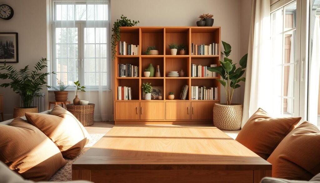 A cozy, well-lit home interior showcasing simple woodworking projects that enhance comfort and calmness. In the foreground, a handcrafted wooden coffee table with smooth, natural finishes sits invitingly, surrounded by soft cushions in earthy tones. In the middle ground, a wooden bookshelf filled with neatly arranged books and a few potted plants adds a touch of greenery, promoting a serene atmosphere. In the background, large windows allow bright, natural light to flood the space, creating a warm and airy ambiance. The scene captures soft sunlight filtering through sheer curtains, enhancing the tranquility and inviting feel of the room. The overall mood is peaceful and relaxing, inviting viewers to imagine themselves in this comforting space. A cozy, well-lit home interior showcasing simple woodworking projects that enhance comfort and calmness. In the foreground, a handcrafted wooden coffee table with smooth, natural finishes sits invitingly, surrounded by soft cushions in earthy tones. In the middle ground, a wooden bookshelf filled with neatly arranged books and a few potted plants adds a touch of greenery, promoting a serene atmosphere. In the background, large windows allow bright, natural light to flood the space, creating a warm and airy ambiance. The scene captures soft sunlight filtering through sheer curtains, enhancing the tranquility and inviting feel of the room. The overall mood is peaceful and relaxing, inviting viewers to imagine themselves in this comforting space.