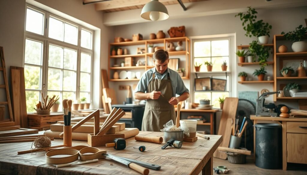 A cozy, well-lit home workshop featuring a variety of timeless DIY projects, highlighting woodworking and home décor. In the foreground, a rustic wooden table is adorned with essential tools like a tape measure, hammer, and paintbrushes, surrounded by neatly organized materials. In the middle, a craftsman wearing a casual shirt and apron focuses on assembling a stylish wooden shelf, showcasing intricate craftsmanship. In the background, large windows allow bright, soft sunlight to pour in, illuminating shelves filled with potted plants and handmade items. The atmosphere is warm and inviting, evoking a sense of creativity and timelessness in home improvement. Use a wide-angle lens to capture the whole scene, enhancing the airy feel.