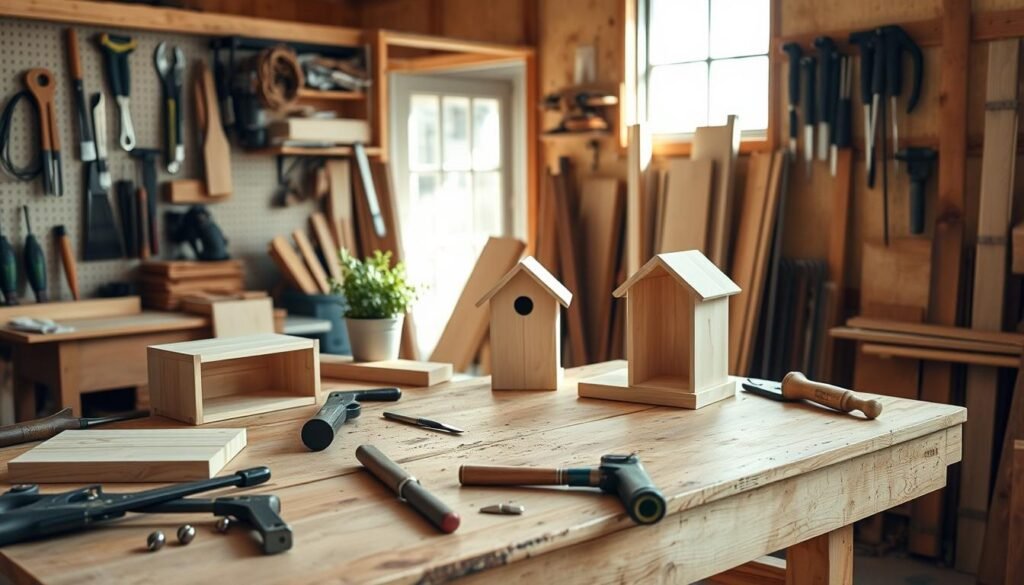 A cozy, well-lit home workshop filled with simple woodworking projects. In the foreground, a sturdy wooden workbench is cluttered cheerfully with tools like hand saws, chisels, and a small clamp. On the bench, there are half-finished wooden shelves and a basic, elegant birdhouse painted in pastel colors. In the middle, a sunny window lets in soft sunlight, illuminating the wood grain and casting gentle shadows. A potted plant sits nearby, adding a touch of greenery. In the background, there are wooden planks neatly stacked against the wall and a pegboard filled with neatly arranged tools. The mood is warm and inviting, encapsulating the joy of DIY projects and the satisfaction of crafting functional home fixes. Capture this scene from a slightly elevated angle to showcase the depth and detail of the workspace. A cozy, well-lit home workshop filled with simple woodworking projects. In the foreground, a sturdy wooden workbench is cluttered cheerfully with tools like hand saws, chisels, and a small clamp. On the bench, there are half-finished wooden shelves and a basic, elegant birdhouse painted in pastel colors. In the middle, a sunny window lets in soft sunlight, illuminating the wood grain and casting gentle shadows. A potted plant sits nearby, adding a touch of greenery. In the background, there are wooden planks neatly stacked against the wall and a pegboard filled with neatly arranged tools. The mood is warm and inviting, encapsulating the joy of DIY projects and the satisfaction of crafting functional home fixes. Capture this scene from a slightly elevated angle to showcase the depth and detail of the workspace.