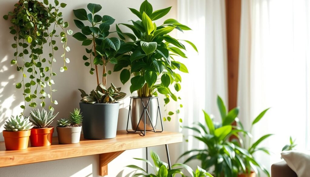 A cozy, well-lit indoor space showcasing various plants perfect for small living areas. In the foreground, a sleek wooden shelf holds potted succulents, trailing ivy, and small ferns, their leaves glistening in soft sunlight. In the middle, a stylish compact plant stand features a vibrant peace lily and a cascading pothos, drawing attention to their lush greenery. The background reveals a bright window with sheer curtains, allowing natural light to flood the room, creating an airy atmosphere. The scene is enhanced with warm wooden accents, emphasizing a harmonious blend of nature and design. Capture this tranquil environment with a wide-angle lens to emphasize depth and inviting warmth.