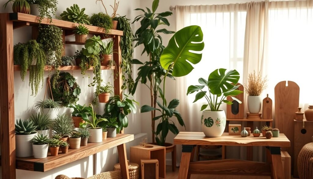 A cozy, well-lit interior showcasing creative plant displays alongside beautifully crafted wooden elements. In the foreground, a rustic wooden shelf brimming with various potted plants, including hanging ferns and flowering succulents, artfully arranged to highlight their textures and colors. The middle ground features a handcrafted wooden table adorned with a large, leafy monstera plant in a hand-painted ceramic pot, alongside smaller wooden boxes and decorative pieces made from reclaimed wood. The background includes soft, natural light streaming through a large window adorned with sheer curtains, casting gentle shadows that enhance the serene atmosphere. Capture the warm, inviting mood, focusing on the balance between greenery and wood texture, emphasizing a harmonious blend of nature and craftsmanship. Let the image evoke a timeless feel, appealing to lovers of natural decor.