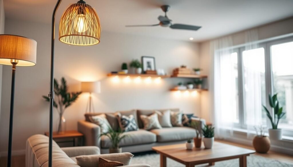 A cozy, well-lit living room featuring various DIY lighting solutions that enhance the ambiance of the space. In the foreground, a stylish floor lamp with a warm glow, a handmade pendant light made from natural materials, and strategically placed LED strip lights under floating shelves. In the middle, a comfortable seating area adorned with decorative pillows, while a wooden coffee table holds a few potted plants, enhancing the room’s liveliness. In the background, large windows allow soft, natural light to stream in, highlighting the airy and inviting atmosphere. The scene captures a sense of warmth and creativity, showcasing practical yet attractive lighting upgrades designed to brighten dark spaces. The colors are soft and inviting, evoking a serene and harmonious home environment. A cozy, well-lit living room featuring various DIY lighting solutions that enhance the ambiance of the space. In the foreground, a stylish floor lamp with a warm glow, a handmade pendant light made from natural materials, and strategically placed LED strip lights under floating shelves. In the middle, a comfortable seating area adorned with decorative pillows, while a wooden coffee table holds a few potted plants, enhancing the room’s liveliness. In the background, large windows allow soft, natural light to stream in, highlighting the airy and inviting atmosphere. The scene captures a sense of warmth and creativity, showcasing practical yet attractive lighting upgrades designed to brighten dark spaces. The colors are soft and inviting, evoking a serene and harmonious home environment.