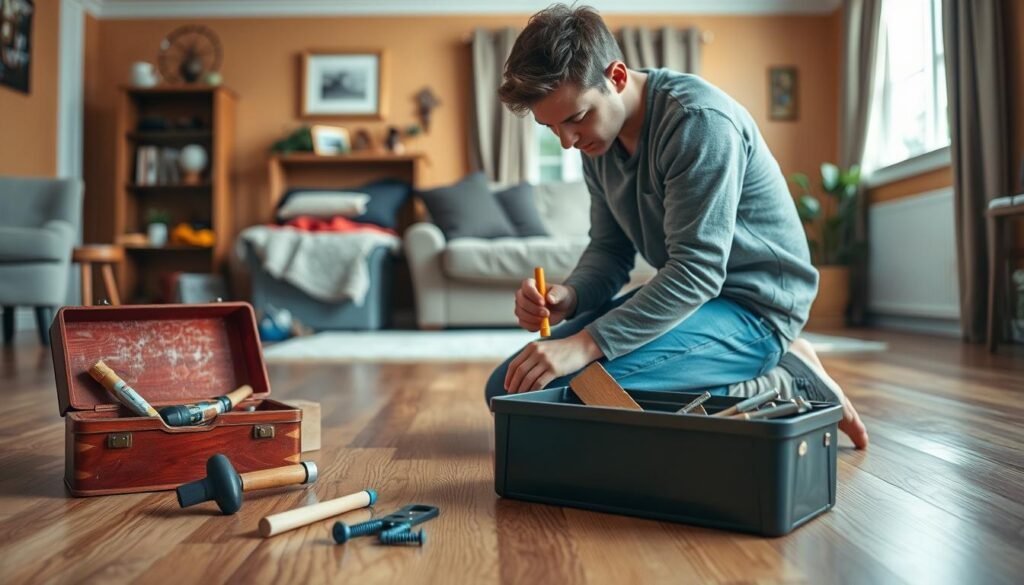 A cozy, well-lit living room showcasing a person dressed in modest casual clothing kneeling on a hardwood floor, examining a squeaky floorboard. The foreground features a small toolbox filled with basic woodworking tools like a hammer, wood glue, and screws. In the middle, the individual is focused on applying a lubricant to the floorboard, demonstrating an effective DIY technique for fixing squeaks. The background reveals warm-toned walls adorned with tasteful home décor, with soft sunlight streaming through a nearby window, creating an inviting atmosphere. The overall mood is practical and hands-on, embodying the theme of home improvement and everyday problem-solving. A cozy, well-lit living room showcasing a person dressed in modest casual clothing kneeling on a hardwood floor, examining a squeaky floorboard. The foreground features a small toolbox filled with basic woodworking tools like a hammer, wood glue, and screws. In the middle, the individual is focused on applying a lubricant to the floorboard, demonstrating an effective DIY technique for fixing squeaks. The background reveals warm-toned walls adorned with tasteful home décor, with soft sunlight streaming through a nearby window, creating an inviting atmosphere. The overall mood is practical and hands-on, embodying the theme of home improvement and everyday problem-solving.