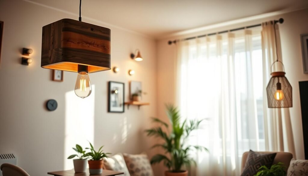 A cozy, well-lit living space featuring various DIY lighting projects to enhance ambiance. In the foreground, an elegant pendant light made from reclaimed wood sits above a small table with a potted plant, exuding rustic charm. The middle ground showcases wall-mounted LED fixtures and a handmade lantern, casting soft, inviting shadows. The background reveals a bright window dressed with sheer curtains, allowing gentle sunlight to illuminate the space. The scene is airy and welcoming, filled with a warm, inviting atmosphere. The lighting captures a harmonious blend of natural and artificial light, with a lens angle that highlights the craftsmanship of the DIY projects, creating a perfect blend of style and functionality in a small home environment. A cozy, well-lit living space featuring various DIY lighting projects to enhance ambiance. In the foreground, an elegant pendant light made from reclaimed wood sits above a small table with a potted plant, exuding rustic charm. The middle ground showcases wall-mounted LED fixtures and a handmade lantern, casting soft, inviting shadows. The background reveals a bright window dressed with sheer curtains, allowing gentle sunlight to illuminate the space. The scene is airy and welcoming, filled with a warm, inviting atmosphere. The lighting captures a harmonious blend of natural and artificial light, with a lens angle that highlights the craftsmanship of the DIY projects, creating a perfect blend of style and functionality in a small home environment.