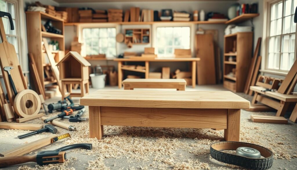 A cozy, well-lit workshop featuring an array of simple woodworking projects, such as a small birdhouse, a rustic wooden shelf, and a sturdy coffee table, placed prominently in the foreground. The table is crafted from natural wood with visible grain, surrounded by basic tools like a saw, hammer, and measuring tape scattered neatly. In the middle, a lightweight workbench holds a half-finished project, with wood shavings creating a warm, inviting atmosphere. The background reveals shelves lined with neatly organized woodworking supplies, bathed in soft sunlight filtering through large windows, enhancing the serene and focused mood. The scene conveys a sense of creativity and possibility for aspiring DIY enthusiasts, captured from a slightly elevated angle to provide a comprehensive view of the workspace. A cozy, well-lit workshop featuring an array of simple woodworking projects, such as a small birdhouse, a rustic wooden shelf, and a sturdy coffee table, placed prominently in the foreground. The table is crafted from natural wood with visible grain, surrounded by basic tools like a saw, hammer, and measuring tape scattered neatly. In the middle, a lightweight workbench holds a half-finished project, with wood shavings creating a warm, inviting atmosphere. The background reveals shelves lined with neatly organized woodworking supplies, bathed in soft sunlight filtering through large windows, enhancing the serene and focused mood. The scene conveys a sense of creativity and possibility for aspiring DIY enthusiasts, captured from a slightly elevated angle to provide a comprehensive view of the workspace.