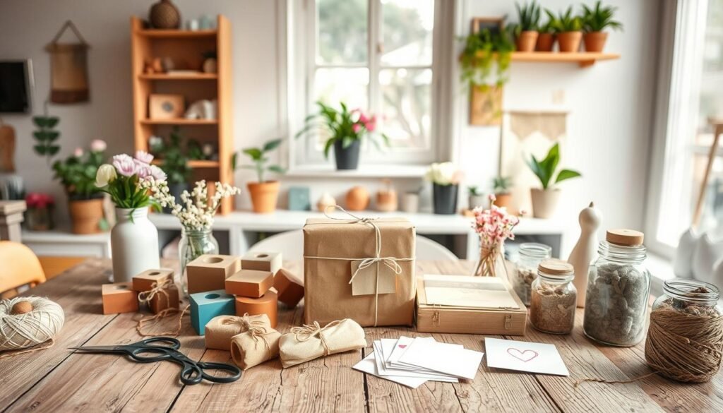 A cozy, well-lit workspace showcasing a variety of handmade gift ideas crafted from basic supplies. In the foreground, display a rustic wooden table adorned with an array of colorful craft materials, including twine, scissors, wooden blocks, and painted jars filled with flowers. In the middle, feature a beautifully wrapped handmade gift box with a delicate ribbon, accompanied by a neatly arranged set of handmade cards. In the background, soft sunlight streams in through a large window, illuminating potted plants and a simple wall shelf filled with additional craft projects. The mood is warm and inviting, emphasizing creativity and the joy of making personalized gifts. Ensure the composition feels airy and well-balanced, capturing a sense of tranquility in this DIY haven. A cozy, well-lit workspace showcasing a variety of handmade gift ideas crafted from basic supplies. In the foreground, display a rustic wooden table adorned with an array of colorful craft materials, including twine, scissors, wooden blocks, and painted jars filled with flowers. In the middle, feature a beautifully wrapped handmade gift box with a delicate ribbon, accompanied by a neatly arranged set of handmade cards. In the background, soft sunlight streams in through a large window, illuminating potted plants and a simple wall shelf filled with additional craft projects. The mood is warm and inviting, emphasizing creativity and the joy of making personalized gifts. Ensure the composition feels airy and well-balanced, capturing a sense of tranquility in this DIY haven.