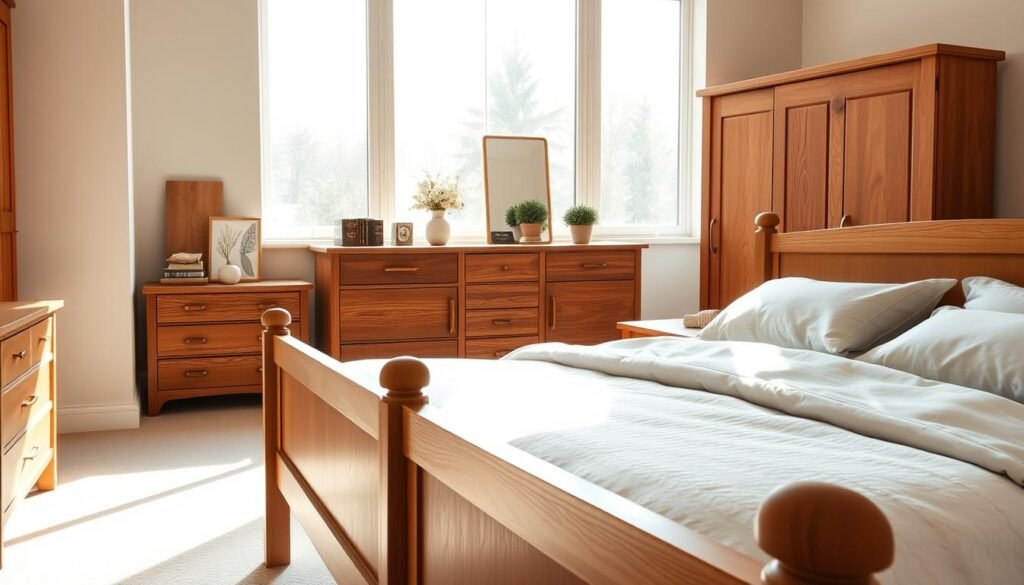A cozy, well-organized bedroom featuring a cohesive design with wooden furniture. In the foreground, a beautifully crafted wooden bed frame made of warm oak, adorned with soft, neutral-toned bedding. Beside it, a stylish nightstand with a sleek lamp casting a soft glow. In the middle, a rustic wooden dresser with elegant handles, complemented by subtle decor items, such as a small potted plant. The background includes a large window allowing bright natural light to pour in, illuminating the room and highlighting the rich wood grain of the furniture. The atmosphere is calm and inviting, with soft sunlight creating gentle shadows, enhancing the warmth and tranquility of the space. The angle captures the inviting layout, emphasizing the harmonious relationship between the furniture pieces.