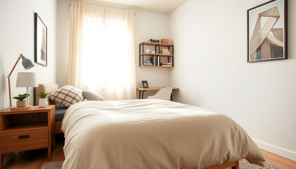 A cozy, well-organized bedroom featuring a modern minimalist aesthetic. In the foreground, a neatly made bed with soft, neutral-toned bedding and decorative pillows invites relaxation. To the left, a stylish wooden nightstand holds an elegant lamp and a small potted plant. The middle section showcases a functional wall-mounted shelving unit displaying books and decorative boxes for storage, alongside a compact desk area with a chair. Bright natural light streams in through a large window draped with sheer curtains, illuminating the space and creating a warm, inviting atmosphere. In the background, light-colored walls reflect the sunlight, enhancing the airy feel. The scene captures a harmonious blend of comfort and practicality, encouraging thoughtful bedroom organization and space-saving upgrades. A cozy, well-organized bedroom featuring a modern minimalist aesthetic. In the foreground, a neatly made bed with soft, neutral-toned bedding and decorative pillows invites relaxation. To the left, a stylish wooden nightstand holds an elegant lamp and a small potted plant. The middle section showcases a functional wall-mounted shelving unit displaying books and decorative boxes for storage, alongside a compact desk area with a chair. Bright natural light streams in through a large window draped with sheer curtains, illuminating the space and creating a warm, inviting atmosphere. In the background, light-colored walls reflect the sunlight, enhancing the airy feel. The scene captures a harmonious blend of comfort and practicality, encouraging thoughtful bedroom organization and space-saving upgrades.