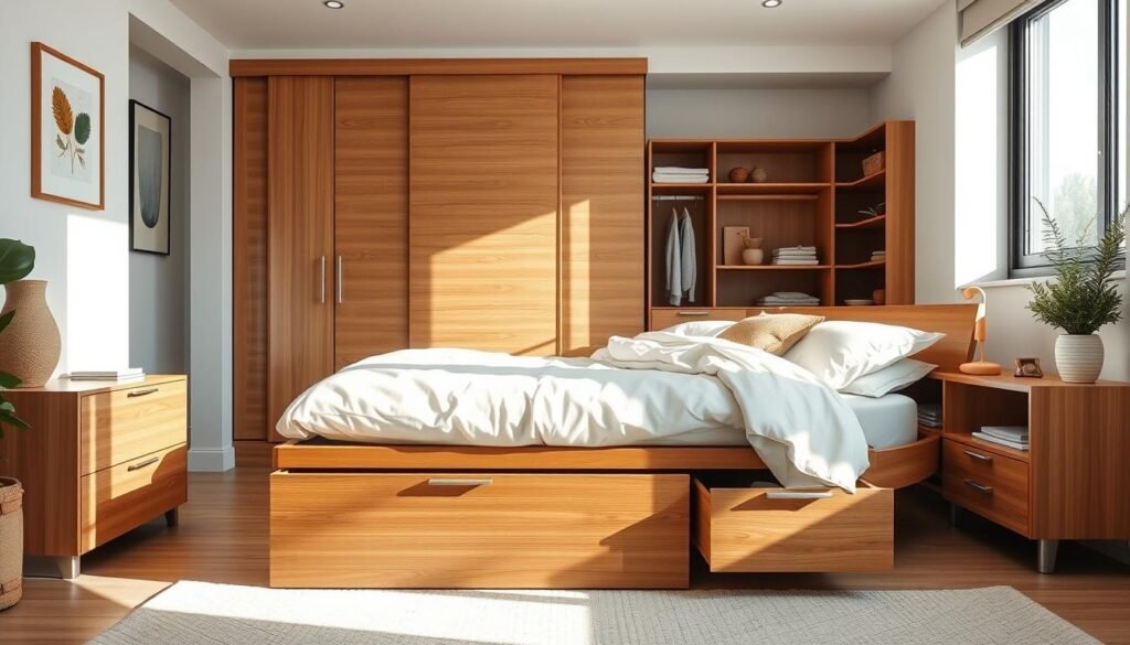 A cozy, well-organized bedroom featuring smart storage solutions that emphasize minimalism and functionality. In the foreground, a stylish wooden bed with a spacious under-bed drawer system, neatly arranged bedding, and decorative pillows. The middle layer showcases a modern nightstand with built-in shelves, adorned with a soft lamp and a small plant, reflecting a clutter-free environment. The background includes a minimalist wardrobe with sliding doors and integrated shelving, all in warm wood tones. Soft sunlight streams in through a large window, creating an inviting atmosphere, while light-colored walls enhance the brightness. The room is tastefully decorated with subtle artwork and textured fabrics, conveying comfort and tranquility without looking busy. The overall mood is relaxing and organized, perfect for a serene personal sanctuary.