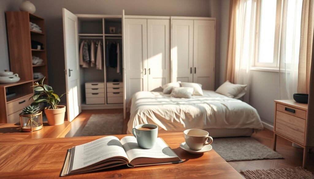 A cozy, well-organized bedroom showcasing decluttering strategies. In the foreground, a neatly arranged wooden desk with minimalistic decor—an open book, a potted plant, and a steaming cup of tea. In the middle, a well-made bed with light, soothing linens and a few strategically placed decorative pillows, under soft sunlight filtering through a large window adorned with sheer curtains. The background features a minimalist wardrobe with open doors revealing neatly folded clothes and a few hanging items. The color palette is calm and earthy, creating an atmosphere of tranquility and mental clarity. The lighting is warm and natural, casting gentle shadows that enhance the space's serenity. Capture this scene from a slightly elevated angle to emphasize the overall organization and peaceful ambiance.