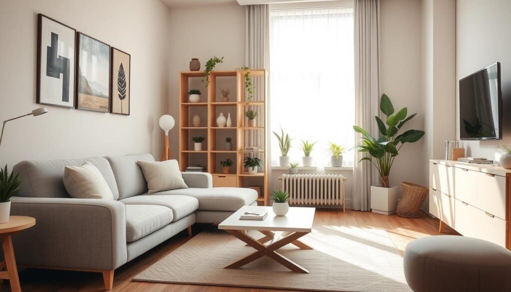 A cozy, well-organized small living room featuring multi-functional furniture designed for maximizing space efficiency. In the foreground, a stylish, convertible sofa that easily transforms into a bed; next to it, a modern coffee table that can be adjusted to different heights and also serves as storage. In the middle, an elegant bookshelf that doubles as a room divider, showcasing indoor plants and decorative items. The background features soft light streaming through a large window, highlighting a gentle color palette of pastels and natural wood tones. The atmosphere is inviting and airy, embodying a bright, sunlit ambiance that feels both spacious and comfortable. The overall composition emphasizes the clever use of space while maintaining a chic aesthetic. A cozy, well-organized small living room featuring multi-functional furniture designed for maximizing space efficiency. In the foreground, a stylish, convertible sofa that easily transforms into a bed; next to it, a modern coffee table that can be adjusted to different heights and also serves as storage. In the middle, an elegant bookshelf that doubles as a room divider, showcasing indoor plants and decorative items. The background features soft light streaming through a large window, highlighting a gentle color palette of pastels and natural wood tones. The atmosphere is inviting and airy, embodying a bright, sunlit ambiance that feels both spacious and comfortable. The overall composition emphasizes the clever use of space while maintaining a chic aesthetic.