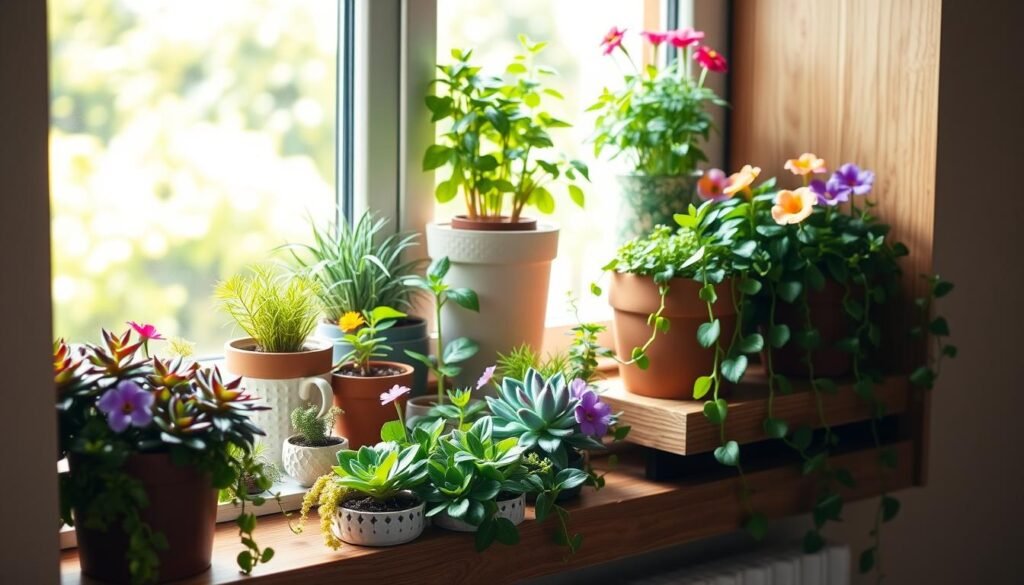 A cozy window sill adorned with a variety of vibrant potted plants, showcasing a blend of lush green foliage and colorful flowers. In the foreground, include a small succulent garden with diverse shapes and sizes, alongside a couple of ceramic pots featuring cascading vines. The middle ground should have a charming wooden ledge, accented with natural wood grain, holding an elegant herbal arrangement. In the background, bright natural light floods in, illuminating the scene with soft sunlight and enhancing the colors of the plants. The overall mood is serene and inviting, reflecting a tranquil living space. Capture this scene from a slightly angled perspective, creating depth while focusing on the rich textures and harmonious arrangement of the plants, with no text or overlays present.