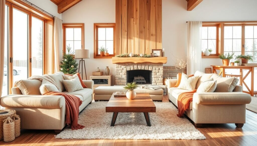 A cozy winter living room featuring tasteful wood accents. In the foreground, a plush, large beige sofa adorned with warm throw blankets and decorative pillows, inviting relaxation. A rustic wooden coffee table sits between the sofa and a floor-to-ceiling window, showcasing a snowy landscape outside. In the middle, a soft, light-colored area rug enhances the warmth of the space, complemented by a touch of greenery from potted plants on window sills. In the background, a beautifully crafted wooden mantelpiece adorned with simple seasonal decorations adds character. Bright natural light floods the room, casting soft sunlight and creating an airy feel. The atmosphere is calm and inviting, perfect for winter gatherings.