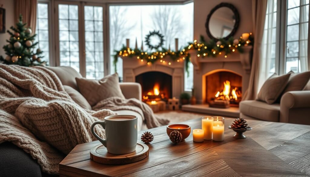 A cozy winter living room scene, featuring a plush, overstuffed sofa draped with soft, knitted throws and scattered with warm, inviting pillows. In the foreground, a rustic wooden coffee table showcases a steaming mug of hot cocoa, surrounded by flickering candles and a small decorative bowl filled with pinecones. The middle ground reveals an elegant fireplace with glowing embers and a mantle adorned with evergreen garlands and twinkling fairy lights, creating a warm ambiance. In the background, large windows filter in soft, natural light, showcasing gently falling snow outside, while sheer curtains softly sway. The soft, golden hues of the lighting enhance the relaxing atmosphere, inviting viewers to imagine the comforting scents of pine and cinnamon in the air. The overall feel is one of warmth, tranquility, and inviting comfort.