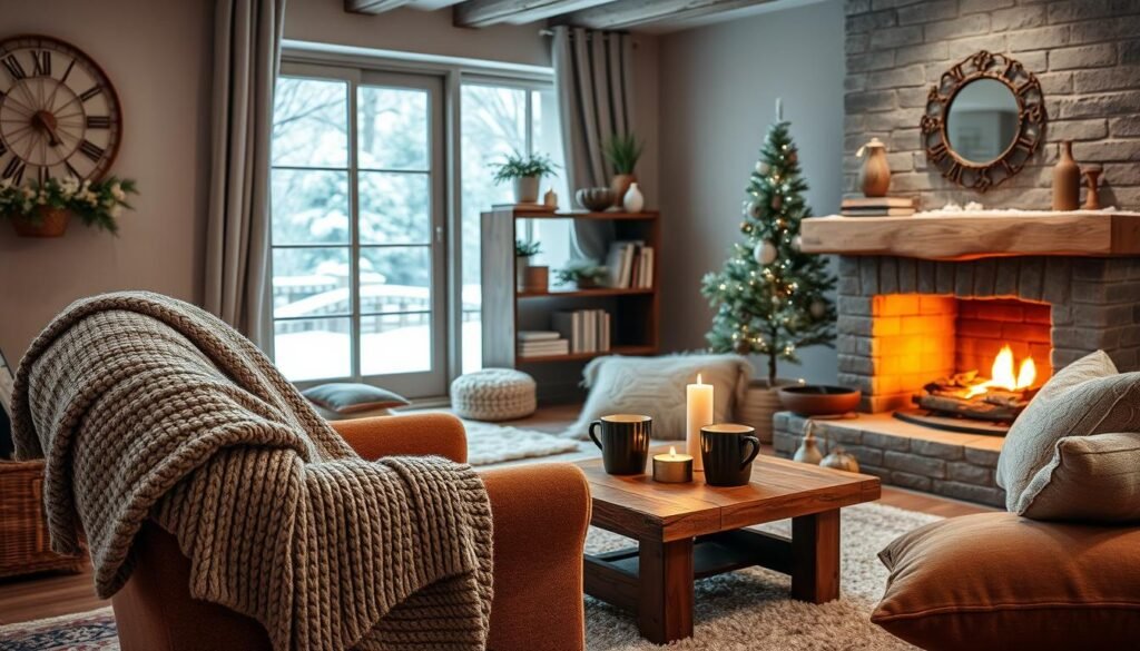 A cozy winter living room scene, featuring a warm, inviting fireplace with a gentle flame casting a soft glow. In the foreground, a plush, oversized knit blanket drapes over a comfortable armchair upholstered in earthy tones. A small, rustic wooden coffee table is adorned with steaming mugs of cocoa and a few flickering candles. In the middle ground, a tastefully decorated bookshelf filled with books and potted greenery provides a touch of warmth, while a large window reveals a picturesque snow-covered landscape outside, allowing soft, natural light to fill the room. The room's ambiance is serene and relaxed, creating an atmosphere perfect for cozy gatherings during winter months, with plush rugs underfoot and soft pillows scattered about.