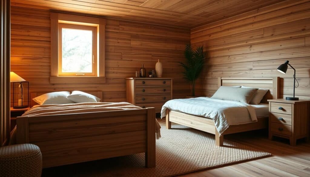 A cozy wooden bedroom featuring a harmonious blend of natural wood furniture in a smaller space. In the foreground, a beautifully crafted twin bed with a warm oak frame, adorned with soft, earthy-toned linens and plush pillows. Beside the bed, a sleek nightstand with a small lamp, radiating soft, warm light. The middle ground showcases a compact wooden dresser with elegant grain patterns, adding functionality and charm. A stylish, woven area rug lies beneath, enhancing the inviting atmosphere. In the background, a softly lit window allows gentle sunlight to filter in, casting a serene glow throughout the room. The overall mood is warm and welcoming, perfect for relaxation. Emphasize realistic home décor elements with bright, natural lighting.