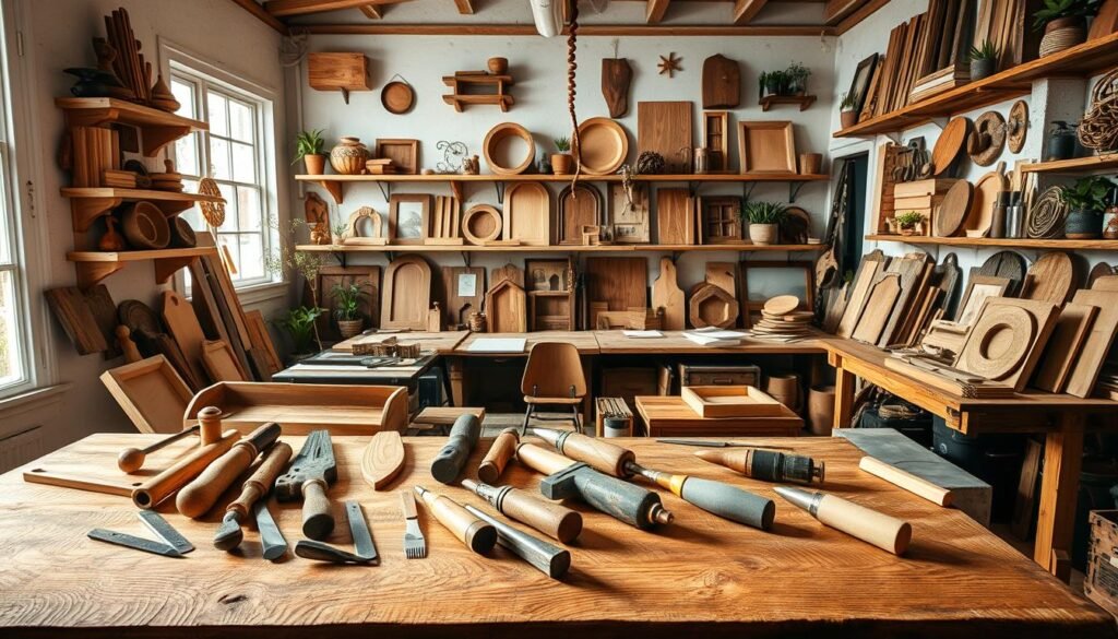 A cozy workshop filled with rustic woodworking projects, showcasing various handcrafted items such as wooden shelves and picture frames. In the foreground, a beautifully grained oak table holds an array of tools like chisels, saws, and sanders, illuminated by soft sunlight filtering through a large window. The middle ground features a collection of finished wood pieces, each displaying unique textures and natural imperfections, reflecting warmth and craftsmanship. The background reveals a wall lined with vintage wood planks and shelves overflowing with wooden decor, plants, and books. The atmosphere is inviting and serene, with a focus on natural materials and a well-organized creative space, evoking a sense of comfort and coziness in the home, captured in bright, airy lighting. A cozy workshop filled with rustic woodworking projects, showcasing various handcrafted items such as wooden shelves and picture frames. In the foreground, a beautifully grained oak table holds an array of tools like chisels, saws, and sanders, illuminated by soft sunlight filtering through a large window. The middle ground features a collection of finished wood pieces, each displaying unique textures and natural imperfections, reflecting warmth and craftsmanship. The background reveals a wall lined with vintage wood planks and shelves overflowing with wooden decor, plants, and books. The atmosphere is inviting and serene, with a focus on natural materials and a well-organized creative space, evoking a sense of comfort and coziness in the home, captured in bright, airy lighting.