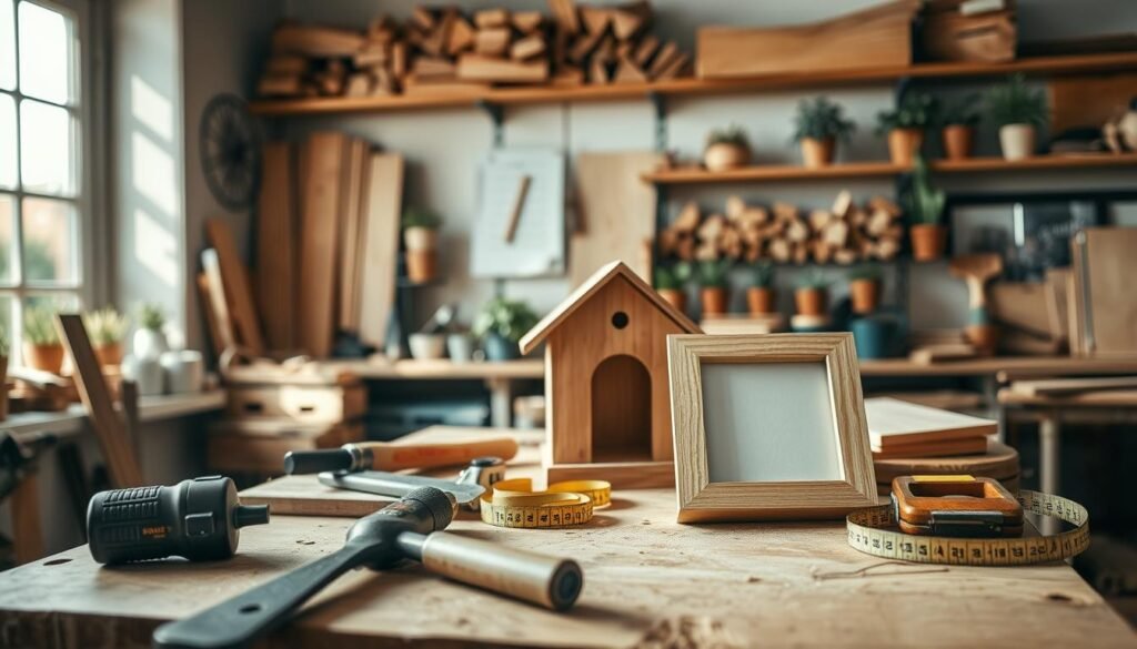 A cozy workshop filled with simple woodworking projects, featuring a wooden workbench in the foreground, adorned with essential tools like a saw, hammer, and measuring tape. In the middle, a beautifully crafted wooden birdhouse and a handmade picture frame, showcasing a natural wood finish. The background reveals shelves stocked with neatly arranged wooden planks and small potted plants, enhancing the homey atmosphere. Bright natural light filters through a large window, casting soft sunlight across the scene, creating a warm and inviting ambiance. Capture the essence of relaxation and productivity, emphasizing a calm, inspiring environment ideal for DIY enthusiasts. The angle should be slightly elevated to encompass the workspace and tools effectively.