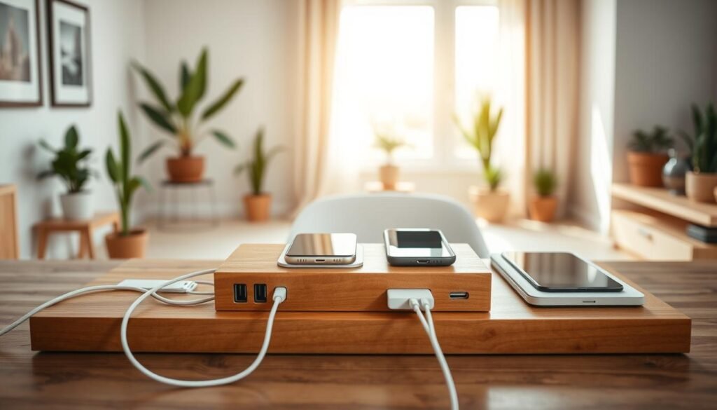 A custom charging station designed to minimize cable clutter, set on a sleek wooden desk. In the foreground, the charging station features multiple USB ports and wireless charging pads, elegantly organized without tangled wires, showcasing a combination of modern design and natural materials. The middle layer includes a few personal items like a smartphone, a tablet, and a laptop, casually placed to indicate usability. In the background, a softly lit room with a large window allows warm, natural light to flood in, enhancing the bright and airy atmosphere. The decor includes potted plants and minimalist wall art to create a cozy, inviting space. The overall mood is functional and stylish, reflecting an ideal DIY project for any home. A custom charging station designed to minimize cable clutter, set on a sleek wooden desk. In the foreground, the charging station features multiple USB ports and wireless charging pads, elegantly organized without tangled wires, showcasing a combination of modern design and natural materials. The middle layer includes a few personal items like a smartphone, a tablet, and a laptop, casually placed to indicate usability. In the background, a softly lit room with a large window allows warm, natural light to flood in, enhancing the bright and airy atmosphere. The decor includes potted plants and minimalist wall art to create a cozy, inviting space. The overall mood is functional and stylish, reflecting an ideal DIY project for any home.