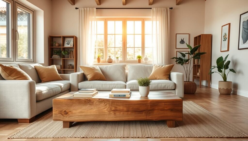 A fresh and inviting living room, featuring a combination of natural materials and soft textures. In the foreground, a cozy, light-colored sofa adorned with earthy-toned cushions. A handmade wooden coffee table holds a few carefully arranged books and a small potted plant. The middle ground showcases a large window, allowing warm, soft sunlight to cascade into the room, highlighting a neutral area rug. On one side, a stylish bookshelf with a mix of decor and greenery creates an airy feel. In the background, simple wall art adds a touch of personality without overwhelming the space. The overall atmosphere is calm and welcoming, perfect for relaxed gatherings or quiet moments, captured in a slightly elevated angle to emphasize the room's openness.