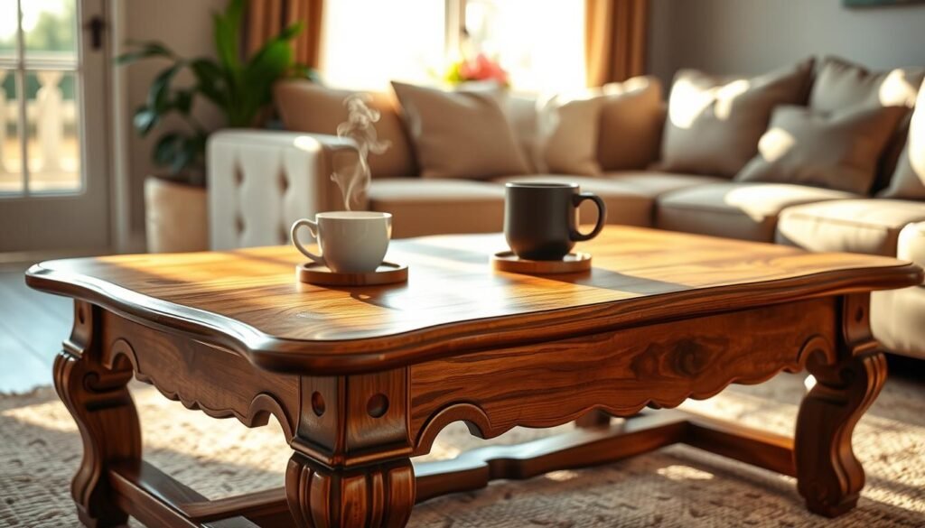 A handcrafted wood coffee table positioned in a cozy, sunlit living room. The table features a rich, warm finish, with intricately carved legs and a smooth tabletop showcasing the natural grain of the wood. In the foreground, delicate coasters and a steaming coffee mug rest on the table, adding a personal touch. The middle ground captures a plush sofa adorned with soft cushions, while a vibrant indoor plant peeks from the corner. The background reveals a softly illuminated window, allowing bright, natural light to fill the room, casting gentle shadows. The atmosphere is inviting and serene, emphasizing the craftsmanship of the furniture in a realistic home décor setting. Soft sunlight enhances the wood's texture, creating a warm and welcoming ambiance.