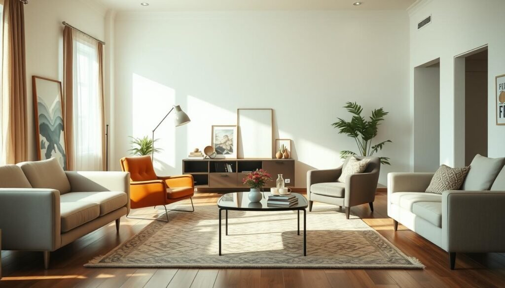 A living room with a distinct sense of unbalance, featuring mismatched furniture pieces that contribute to an unanchored feel. In the foreground, a sleek modern sofa appears slightly askew, paired with a small, retro armchair that seems out of place. A coffee table in varying heights disrupts symmetry. In the middle, the room showcases elements like oversized artwork and a floor lamp that leans towards one side, adding to the unbalanced aesthetic. The background reveals a window with soft, natural light filtering in, casting gentle shadows, enhancing the airy atmosphere. The overall scene is bright and welcoming yet feels disjointed, emphasizing the theme of layout imbalance in a realistic home décor context. A living room with a distinct sense of unbalance, featuring mismatched furniture pieces that contribute to an unanchored feel. In the foreground, a sleek modern sofa appears slightly askew, paired with a small, retro armchair that seems out of place. A coffee table in varying heights disrupts symmetry. In the middle, the room showcases elements like oversized artwork and a floor lamp that leans towards one side, adding to the unbalanced aesthetic. The background reveals a window with soft, natural light filtering in, casting gentle shadows, enhancing the airy atmosphere. The overall scene is bright and welcoming yet feels disjointed, emphasizing the theme of layout imbalance in a realistic home décor context.