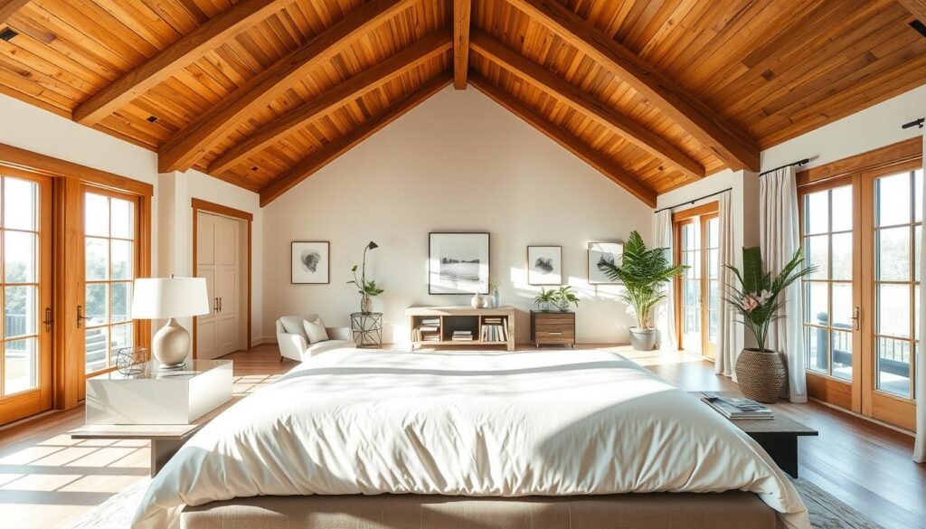 A luxurious master bedroom with vaulted ceilings features warm wooden beams that create an inviting and spacious atmosphere. In the foreground, a plush king-sized bed is adorned with crisp white linens and soft pastel throw pillows, flanked by elegant bedside tables with modern lamps. In the middle, a cozy reading nook with a light, stylish armchair and a small bookshelf sits beside large windows that let in bright natural light, casting soft shadows across the room. The background showcases calming wall art and decorative plants that enhance the serene ambiance. Capture this scene using a wide-angle lens to emphasize depth, with soft sunlight streaming in, creating a peaceful, airy feel that invites relaxation and comfort.