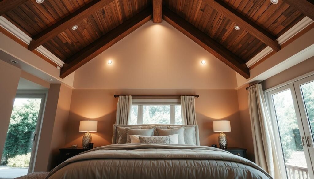 A master bedroom featuring a stunning vaulted ceiling design, showcasing elegant wooden beams and warm, neutral-toned walls. The foreground includes a plush, inviting bed with soft, layered bedding, accented by stylish throw pillows. In the middle, strategically placed table lamps and recessed lighting create a cozy ambiance, flooding the space with soft sunlight that enhances the room's warmth. The background reveals large, airy windows draped with light curtains, letting in bright natural light and providing a view of a lush, serene garden. The overall mood is calming and inviting, emphasizing comfort and tranquility—a perfect sanctuary for relaxation. The image captures the essence of strategic lighting and open space, illustrating an inviting and sophisticated atmosphere in the bedroom design. A master bedroom featuring a stunning vaulted ceiling design, showcasing elegant wooden beams and warm, neutral-toned walls. The foreground includes a plush, inviting bed with soft, layered bedding, accented by stylish throw pillows. In the middle, strategically placed table lamps and recessed lighting create a cozy ambiance, flooding the space with soft sunlight that enhances the room's warmth. The background reveals large, airy windows draped with light curtains, letting in bright natural light and providing a view of a lush, serene garden. The overall mood is calming and inviting, emphasizing comfort and tranquility—a perfect sanctuary for relaxation. The image captures the essence of strategic lighting and open space, illustrating an inviting and sophisticated atmosphere in the bedroom design.