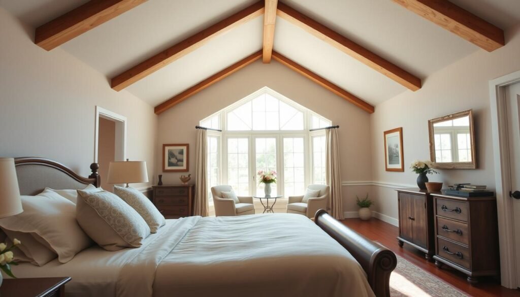 A master bedroom with vaulted ceilings, showcasing an airy and cozy atmosphere. In the foreground, a plush queen-size bed with soft, light-colored linens and decorative throw pillows in pastel shades. A stylish wooden bedside table featuring a small vase with fresh flowers. In the middle, an elegant sitting area with a comfortable armchair and a small round table, positioned near a large window allowing bright, natural light to fill the room. The walls painted in soft, neutral tones with tasteful artwork and wooden accents. In the background, the vaulted ceiling framed by exposed wooden beams, enhancing the sense of spaciousness. The entire setting illuminated by soft sunlight, creating an inviting and tranquil mood, captured from a slight angle to emphasize depth.