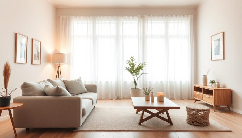 A minimalistic living room design featuring a cozy and decluttered atmosphere. In the foreground, a soft, neutral-colored couch with plush cushions invites relaxation, complemented by a simple wooden coffee table holding a few selected decor items like a small plant and a scented candle. In the middle, a light area rug anchors the space, while a stylish floor lamp provides warm lighting. The background showcases large windows draped with sheer curtains, allowing bright natural light to flood the room, enhancing the airy feel. Light pastel wall colors and strategically placed wall art further convey intentional minimalism. The scene captures a warm, inviting mood, ideal for a peaceful and serene living area. The composition is bright and optimistic, shot from a slightly elevated angle to emphasize the layout and openness of the space.